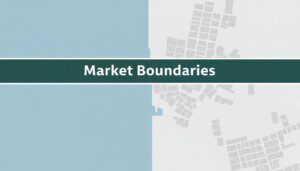 A dark green header sits above a clean, sharp horizontal line that splits the canvas into two distinct geographic zones, with one area featuring a subtle urban texture to signify city limits.