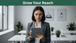 A focused professional holds a sleek digital tablet while standing in a minimalist office. A deep green banner spans the top of the frame, highlighting the strategy for organic growth.