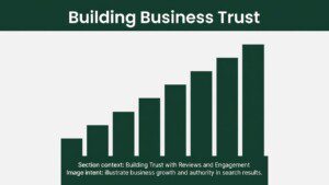 An upward trending dark green block graph with a white text header.