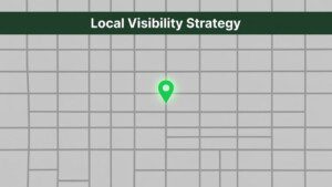 A stylized city grid map with a single bright green location pin marking a business on a corner.