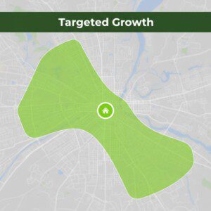 A minimalist top-down map features a dark green header bar containing geometric bold text. Several glowing zones radiate from a central point, illustrating focused expansion across specific neighborhood regions.