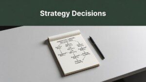 A notepad and pen resting on a desk with a header reading Strategy Decisions.