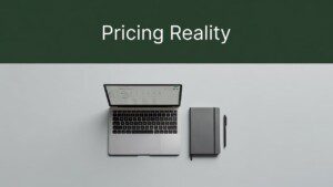 Top-down view of a desk with a laptop and notebook next to a green banner with pricing text.