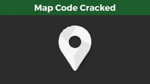 A map location pin centered below a dark green header bar containing the text Map Code Cracked.