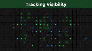 A stylized digital map grid showing colorful data points with a bold green headline at the top.