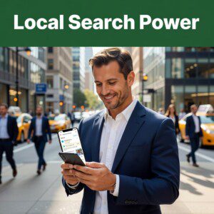 A smiling business owner checks their phone while standing in front of a city street.