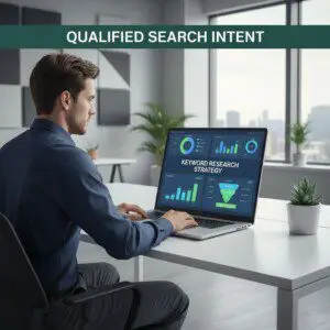 A professional sits at a clean desk using a laptop to review data visualizations.