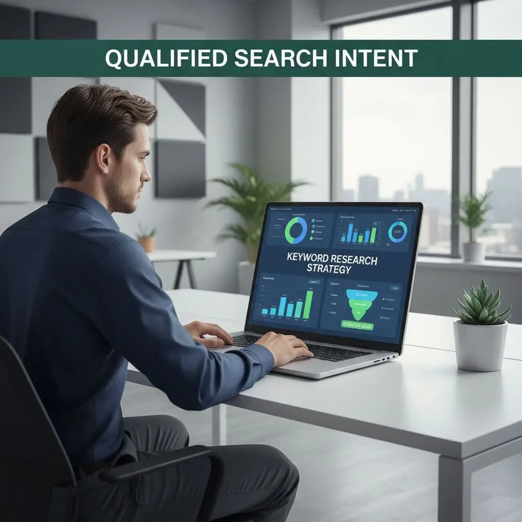A professional sits at a clean desk using a laptop to review data visualizations.