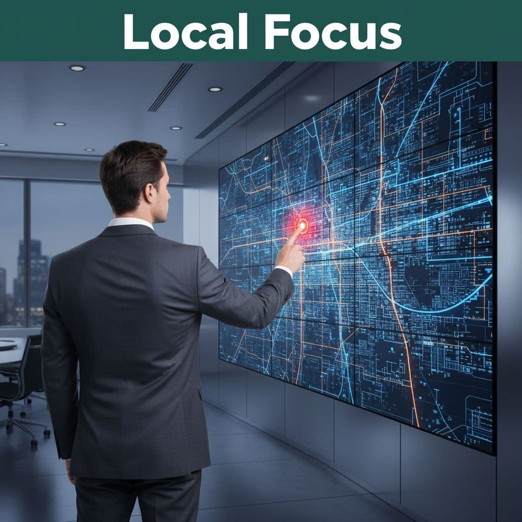A business professional studies a detailed digital city map on a large display wall.
