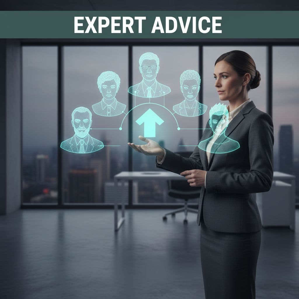 A business owner observes a holographic display featuring five digital mentor avatars in a modern office.