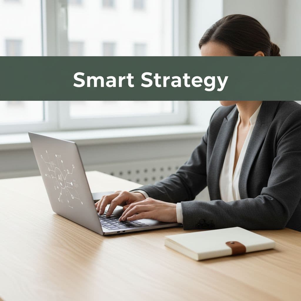 A business owner works on a laptop at a clean desk featuring a notebook and strategy headline.