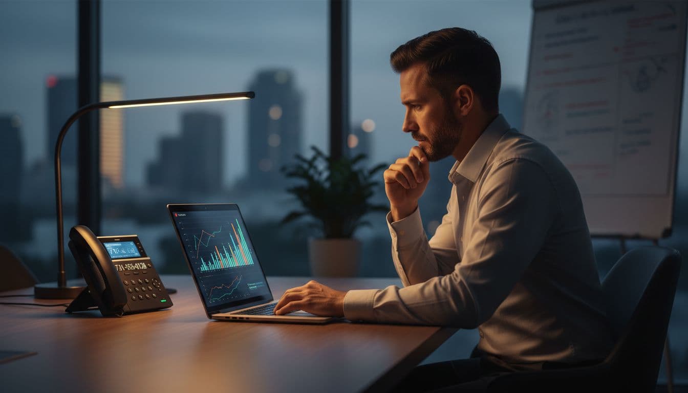Business owner reviews blurred call analytics on angled laptop in modern office, desk phone nearby under warm lamp.