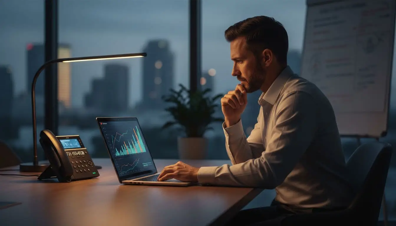 Business owner reviews blurred call analytics on angled laptop in modern office, desk phone nearby under warm lamp.
