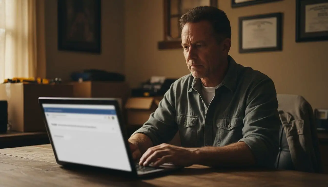 Middle-aged man with rolled sleeves sits at wooden desk, frowning at blurred laptop screen in small office.