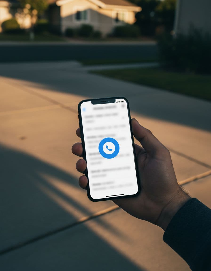 Hand holds smartphone showing simple plumber mobile website with call button, close-up in suburban driveway under late afternoon sun.