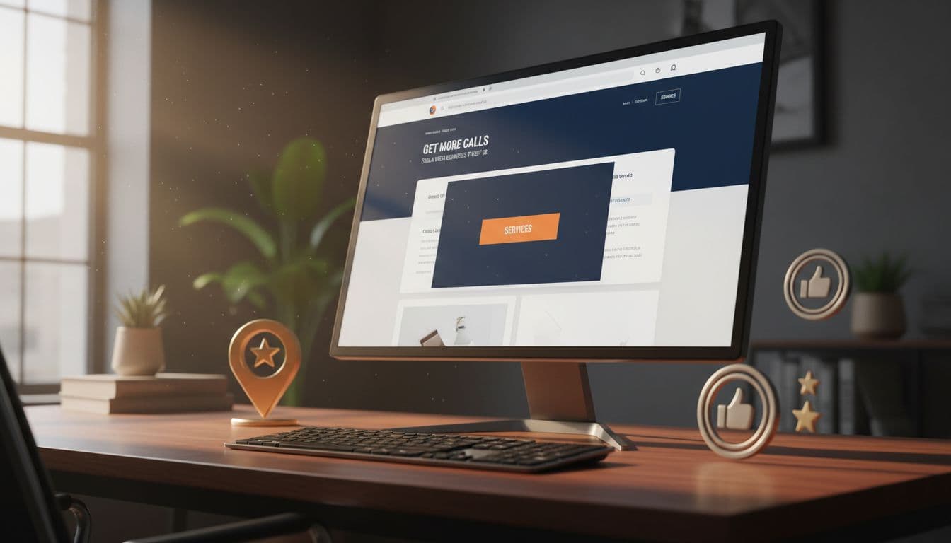 Angled desktop screen shows modern service page with CTA button for Chula Vista business, blurred map pin and review icons on office desk with keyboard.