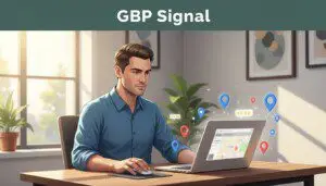 Business owner at home office desk views angled laptop showing Google Map Pack under top green 'GBP Signal' band.