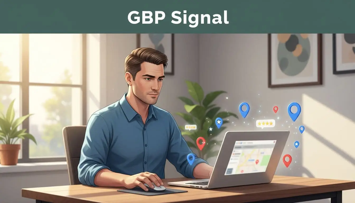 Business owner at home office desk views angled laptop showing Google Map Pack under top green 'GBP Signal' band.