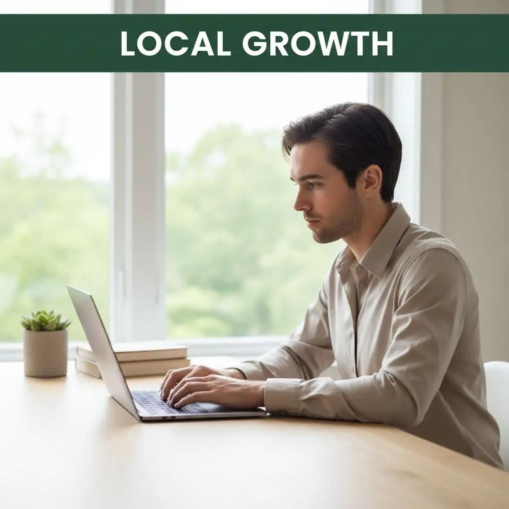Focused person works on laptop at desk in bright modern home office with dark-green top band showing 'Local Growth'.