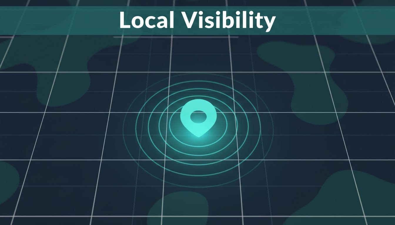 A dark green header sits above a minimalist map grid featuring a single glowing marker. The design focuses on geographic precision by highlighting one specific focal point within the cartographic layout.