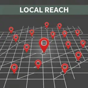A minimalist city grid features a prominent map pin under a dark green header reading Local Reach.