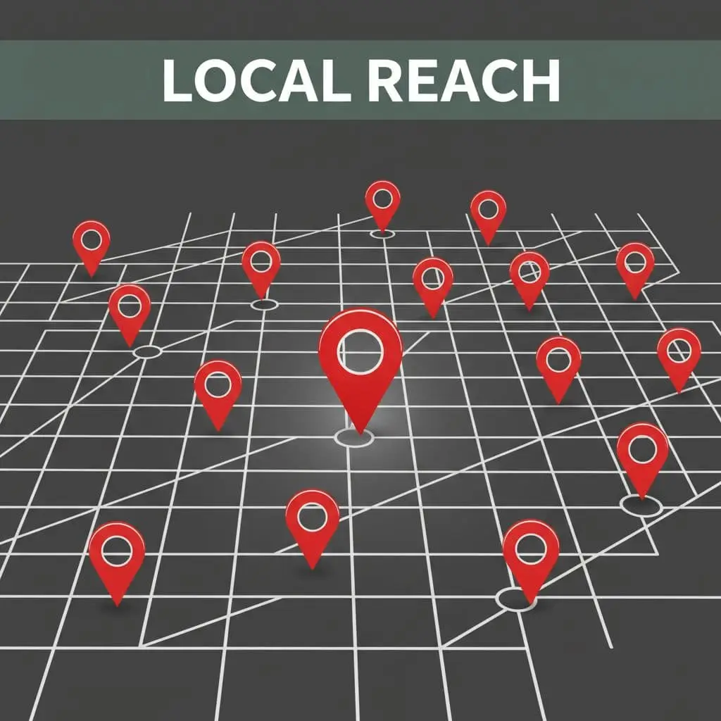 A minimalist city grid features a prominent map pin under a dark green header reading Local Reach.