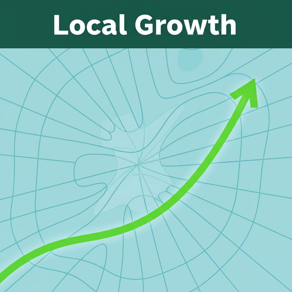 Bold upward trend line on simplified map grid background with dark green 'Local Growth' header.