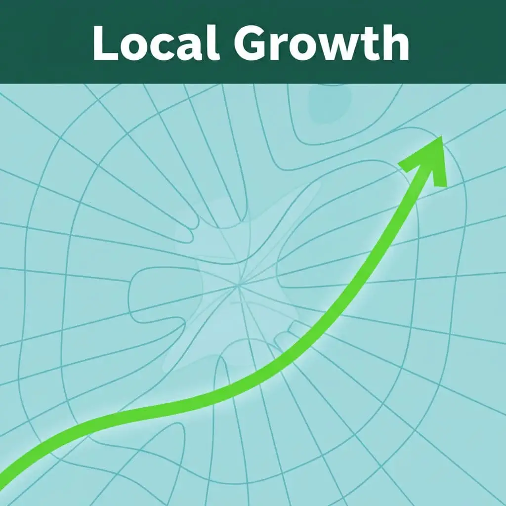 Bold upward trend line on simplified map grid background with dark green 'Local Growth' header.