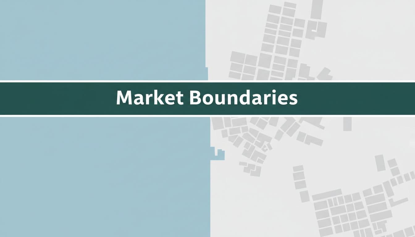 A dark green header sits above a clean, sharp horizontal line that splits the canvas into two distinct geographic zones, with one area featuring a subtle urban texture to signify city limits.