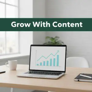 A clean office workspace features a laptop screen displaying a growth chart under a bold headline.