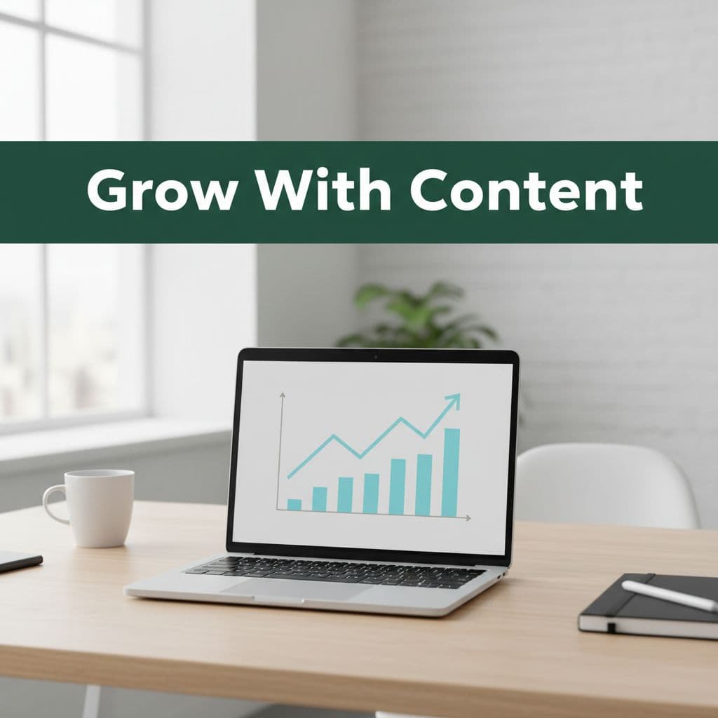 A clean office workspace features a laptop screen displaying a growth chart under a bold headline.