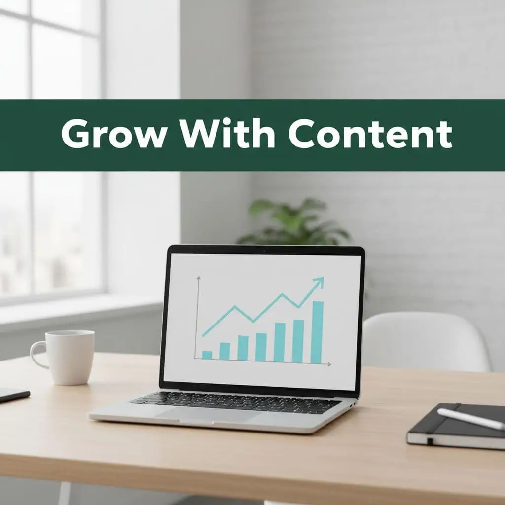A clean office workspace features a laptop screen displaying a growth chart under a bold headline.