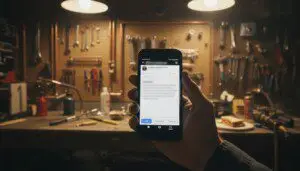 Hand holds smartphone showing blurred Google Business Profile description section in busy plumber's workshop.