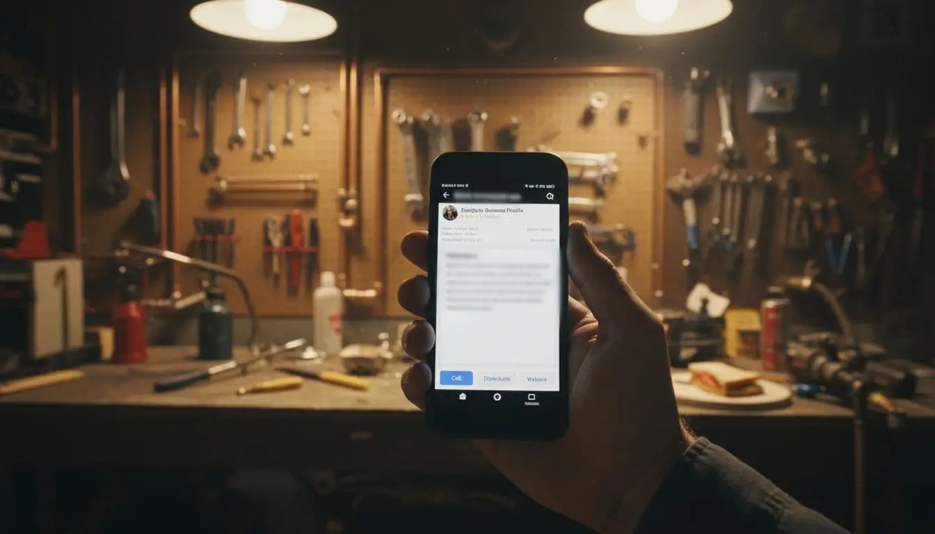Hand holds smartphone showing blurred Google Business Profile description section in busy plumber's workshop.
