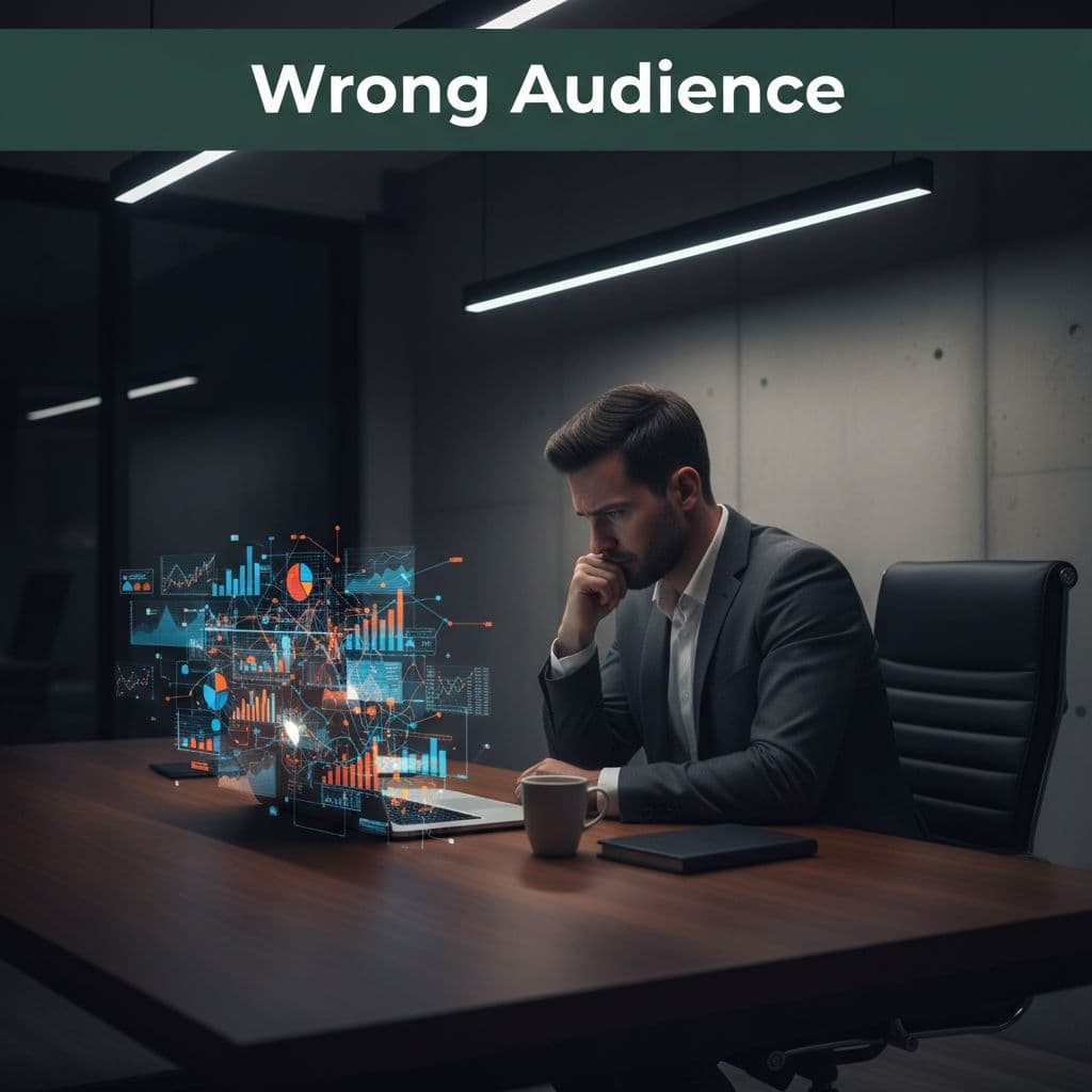 A focused professional examines a cluttered screen of data graphs in a dim, minimalist office setting.