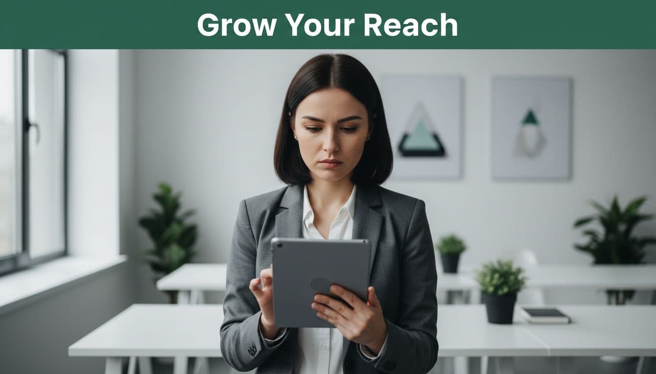 A focused professional holds a sleek digital tablet while standing in a minimalist office. A deep green banner spans the top of the frame, highlighting the strategy for organic growth.