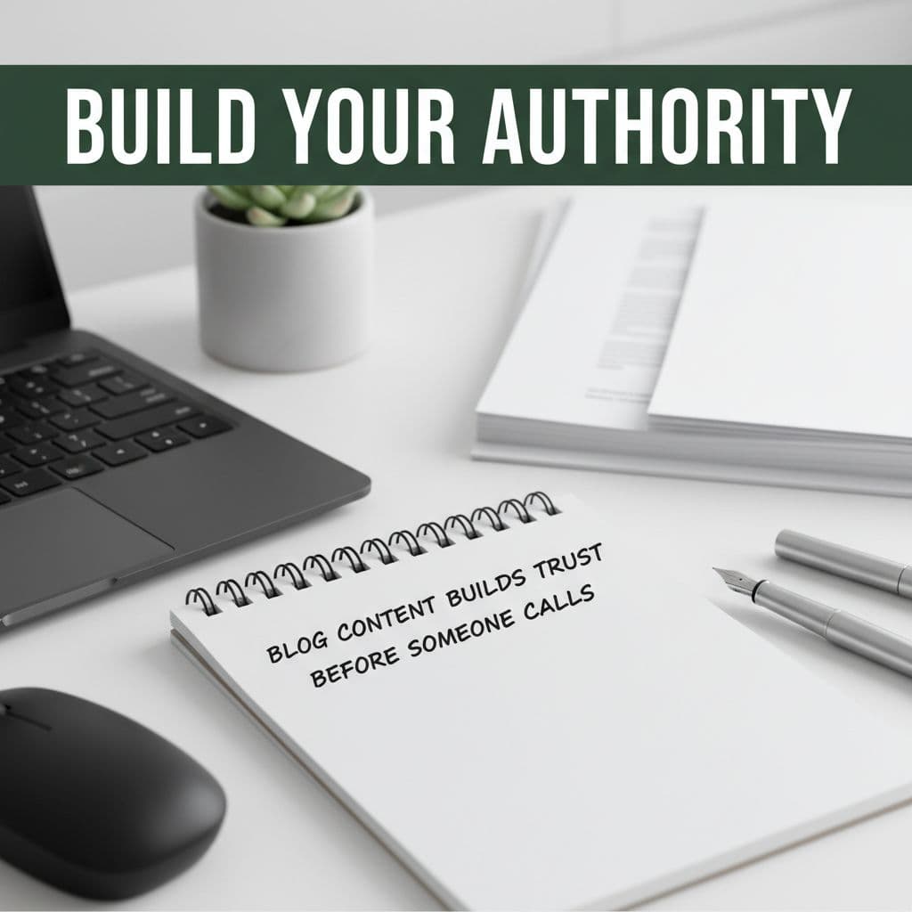 A neatly organized desk features a notepad and pen with a bold headline about building authority above. Using professional visual imagery like this helps communicate your company's expertise at a glance.