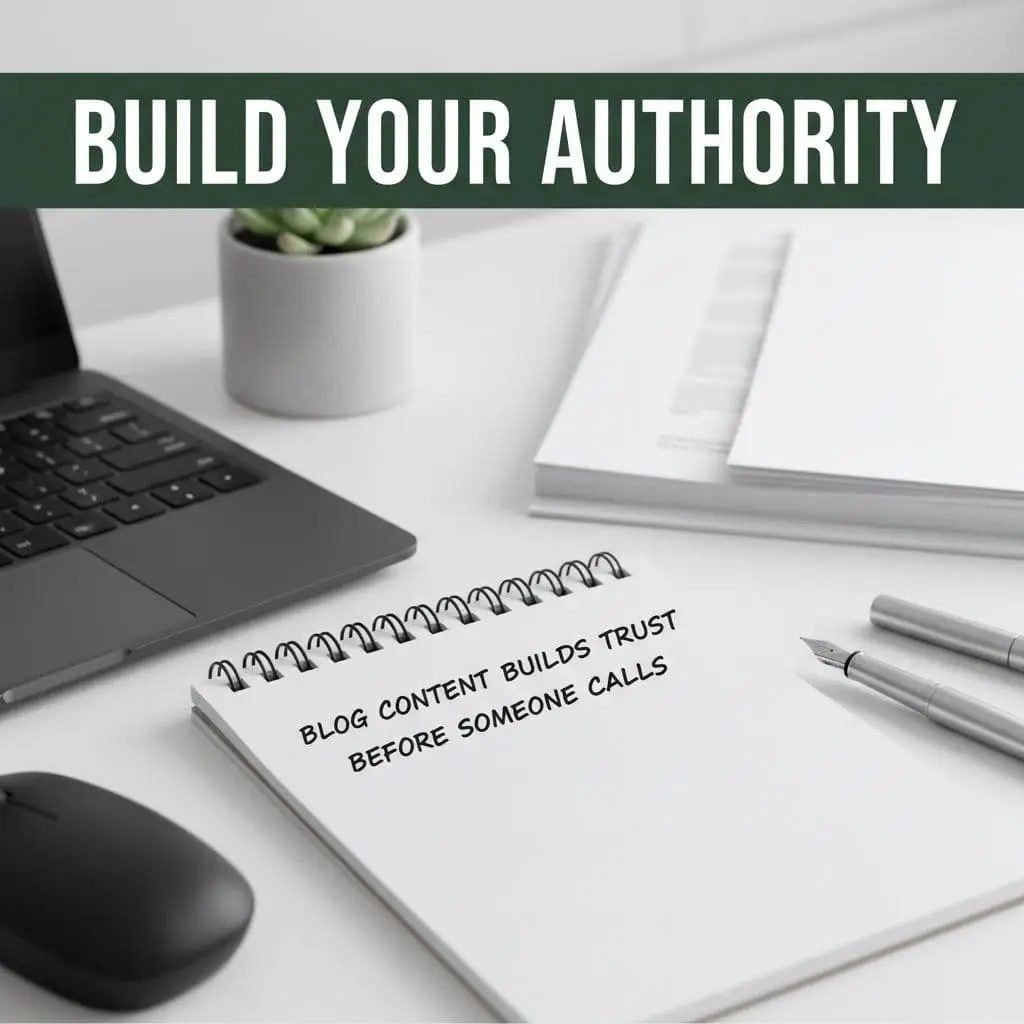 A neatly organized desk features a notepad and pen with a bold headline about building authority above. Using professional visual imagery like this helps communicate your company's expertise at a glance.