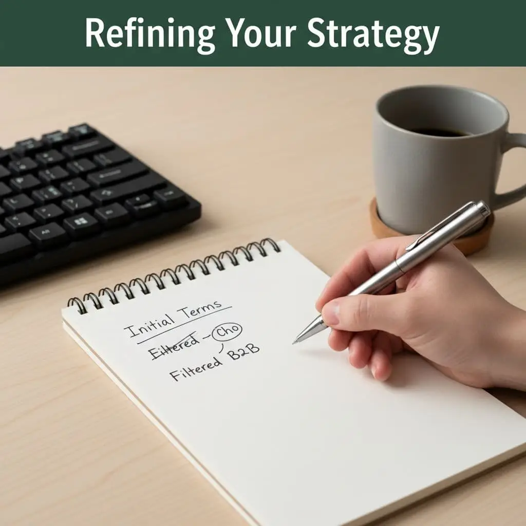 A hand holds a pen over a notepad on a wooden desk alongside a coffee mug and keyboard.