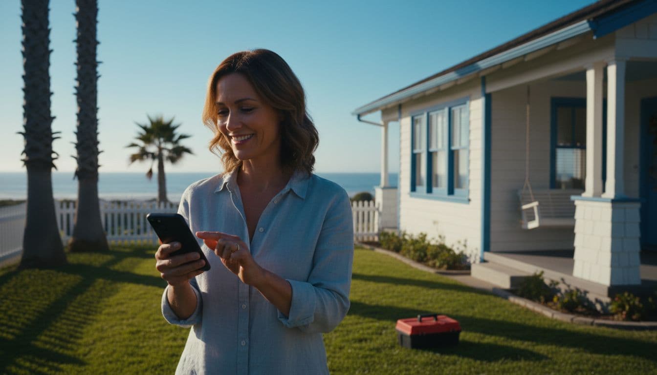 Smiling San Diego homeowner holds phone at side in front yard of coastal house with ocean horizon and toolbox nearby.