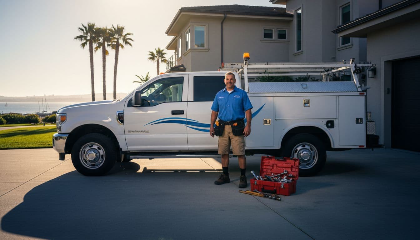 Plumber stands next to service truck outside modern suburban home with palm trees and ocean view.
