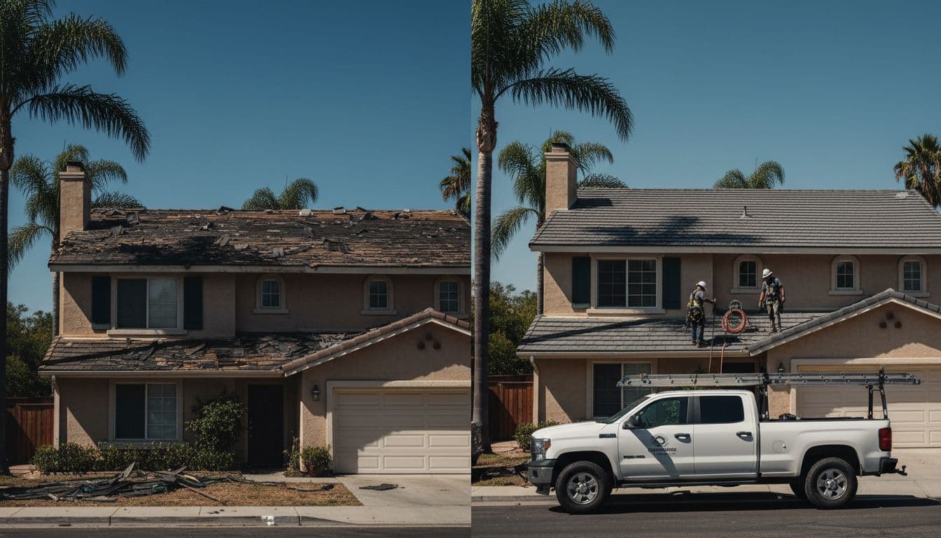 Split view: left side damaged roof on two-story house, right side new roof with truck and two workers in sunny neighborhood.
