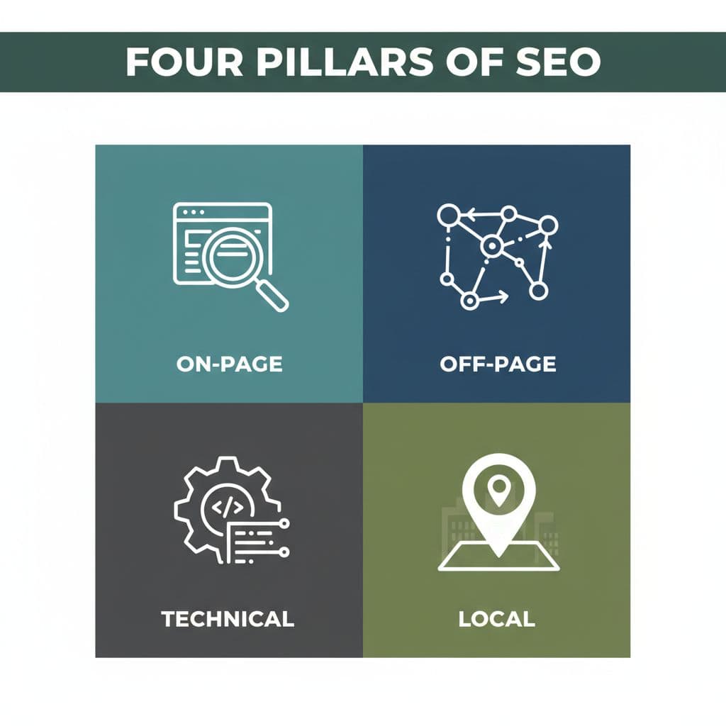 Dark green top band with bold white 'Four Pillars Of SEO' headline above four-section square grid.