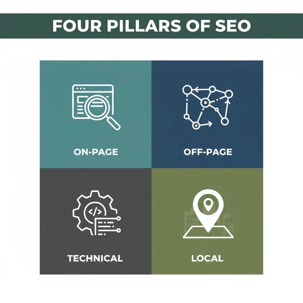 Dark green top band with bold white 'Four Pillars Of SEO' headline above four-section square grid.