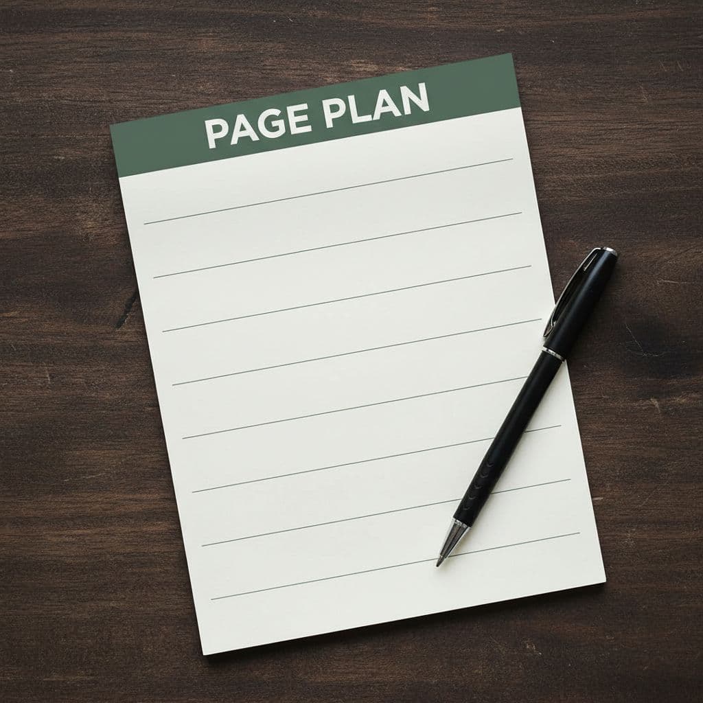 A notepad and pen sit on a desk below a banner titled Page Plan.