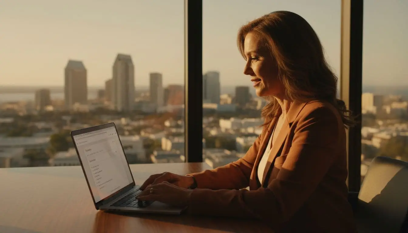 Middle-aged woman types on laptop in modern home office with San Diego skyline view.