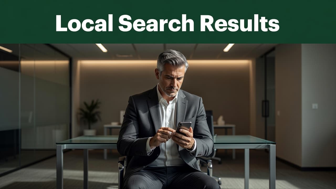 A professional in a modern office holds a smartphone displaying performance metrics. Above the person, a bold dark green graphic band features white text reading Local Search Results against a background.