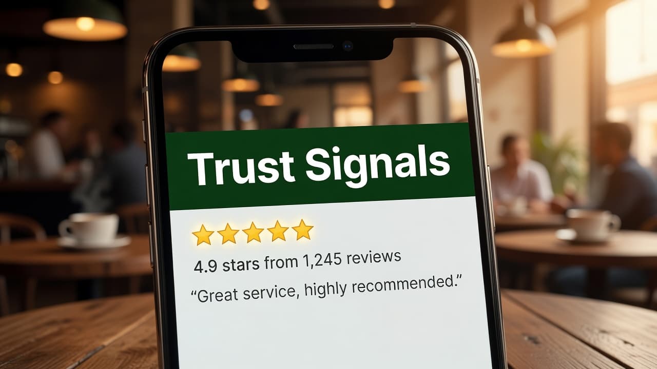 A close-up view of a smartphone screen highlights a business listing with gold star ratings and customer feedback. The warm, softly blurred background provides an inviting atmosphere for viewing client testimonials.