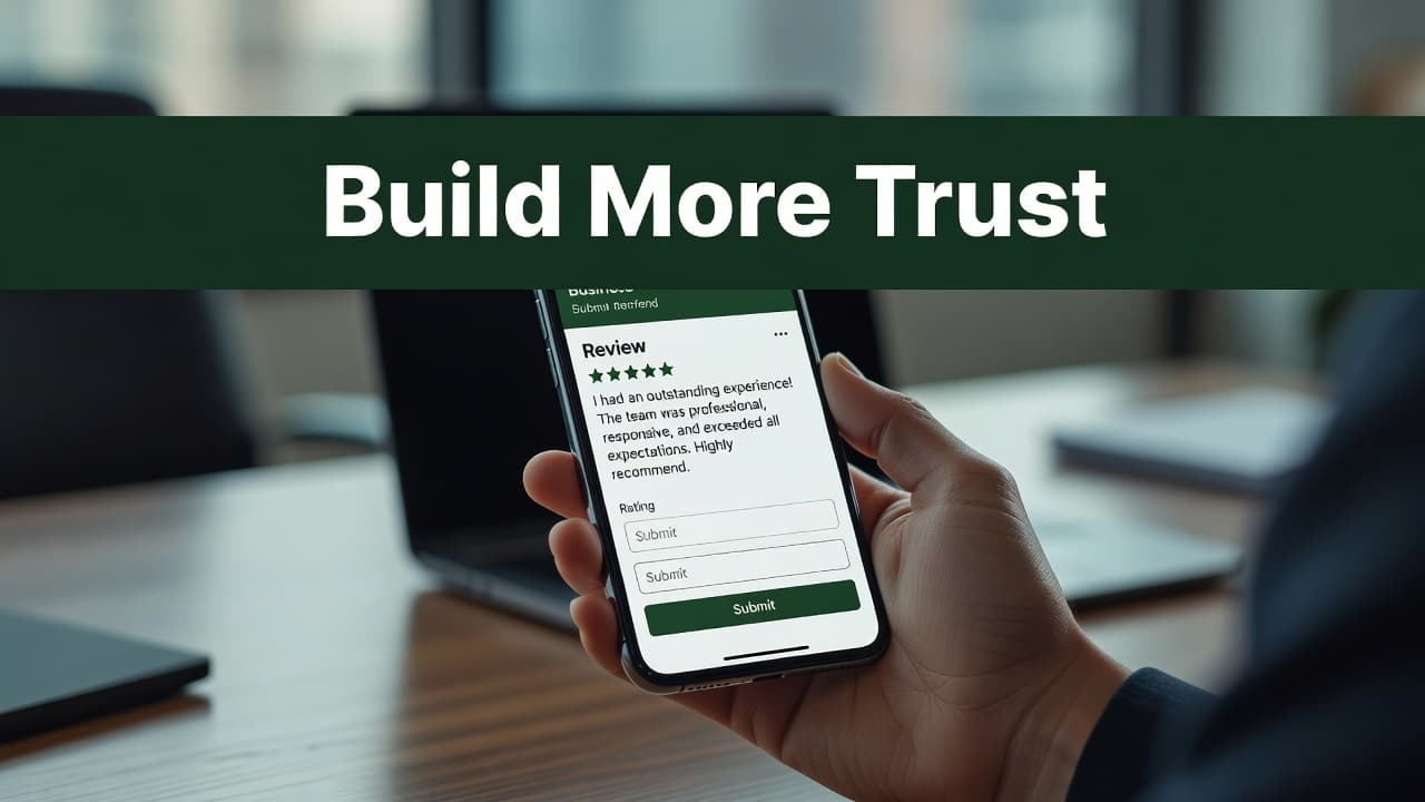 A close-up of a person holding a smartphone displaying a clean review submission form. The screen features a dark green header reading Build More Trust above interactive feedback input fields.
