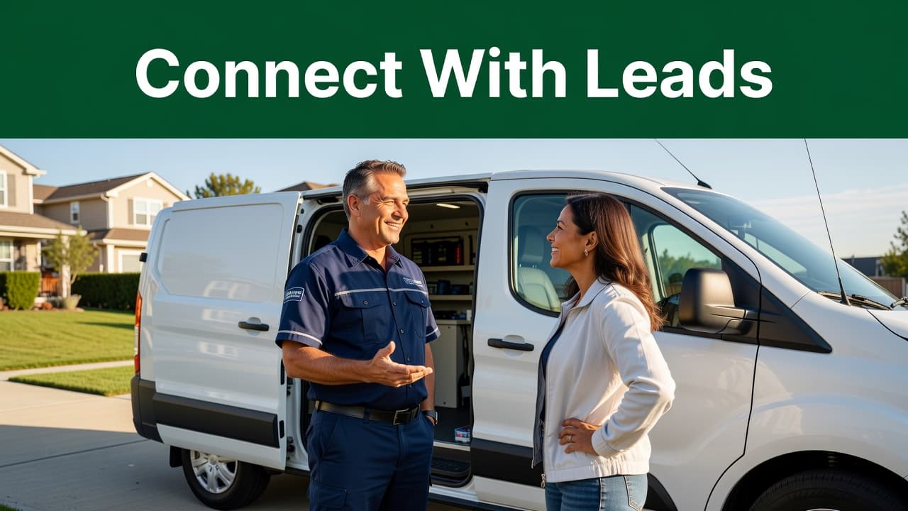 A technician wearing a work uniform stands beside a parked service van while explaining details to a curious customer. A dark green header bar sits at the top of the frame.